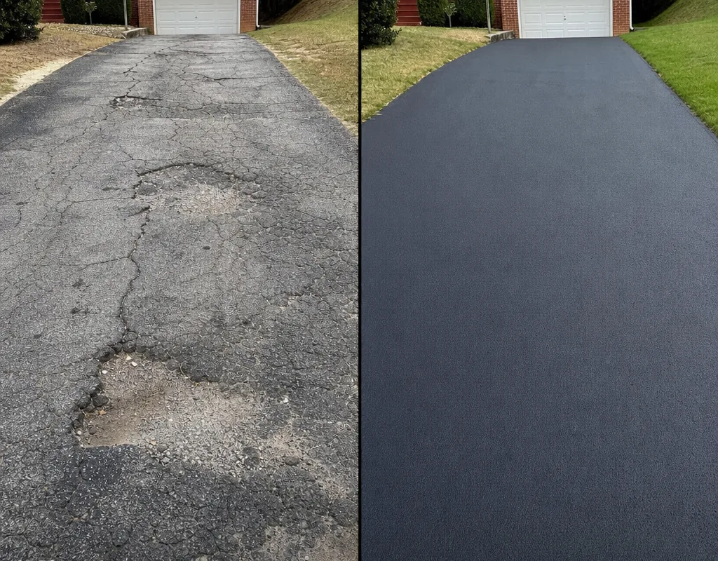 Deteriorated cracked asphalt driveway shown beside the completed driveway after base repair and repaving