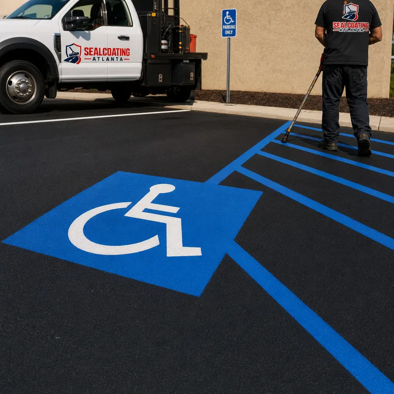 ADA accessible parking space with blue markings, wheelchair symbol, and a clearly striped access aisle