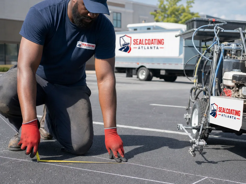 Chalk layout and measuring tape used to snap straight guide lines for a commercial parking lot restriping project