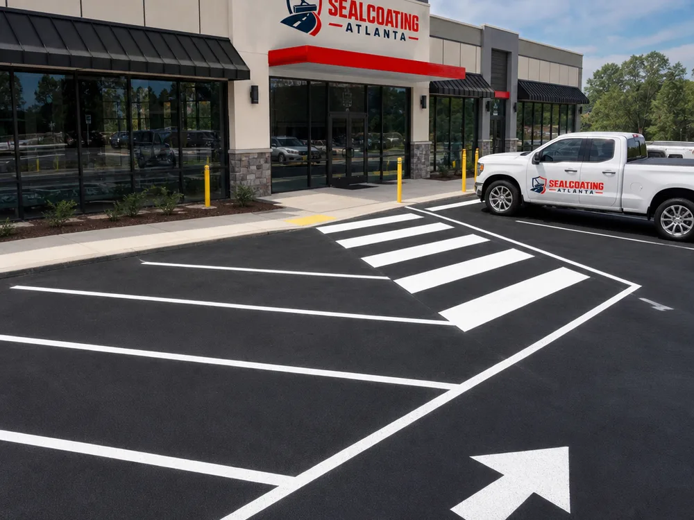 Freshly striped commercial lot with angled parking stalls, directional arrows, and a high-visibility crosswalk