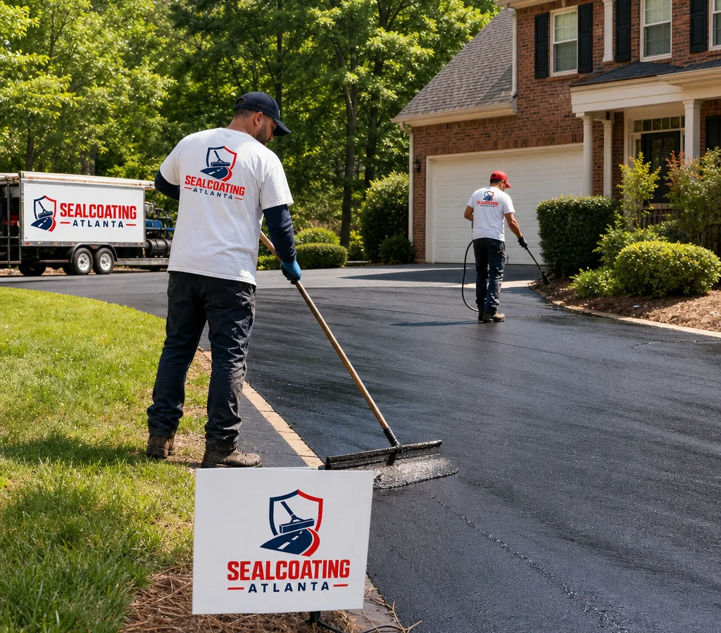 Crew applying fresh sealcoat to an Atlanta asphalt driveway with clean edges