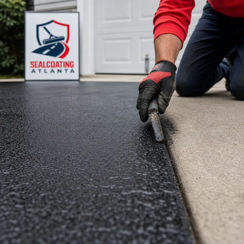 Close-up of sealed asphalt with even coverage and a crisp cut line along the concrete garage apron