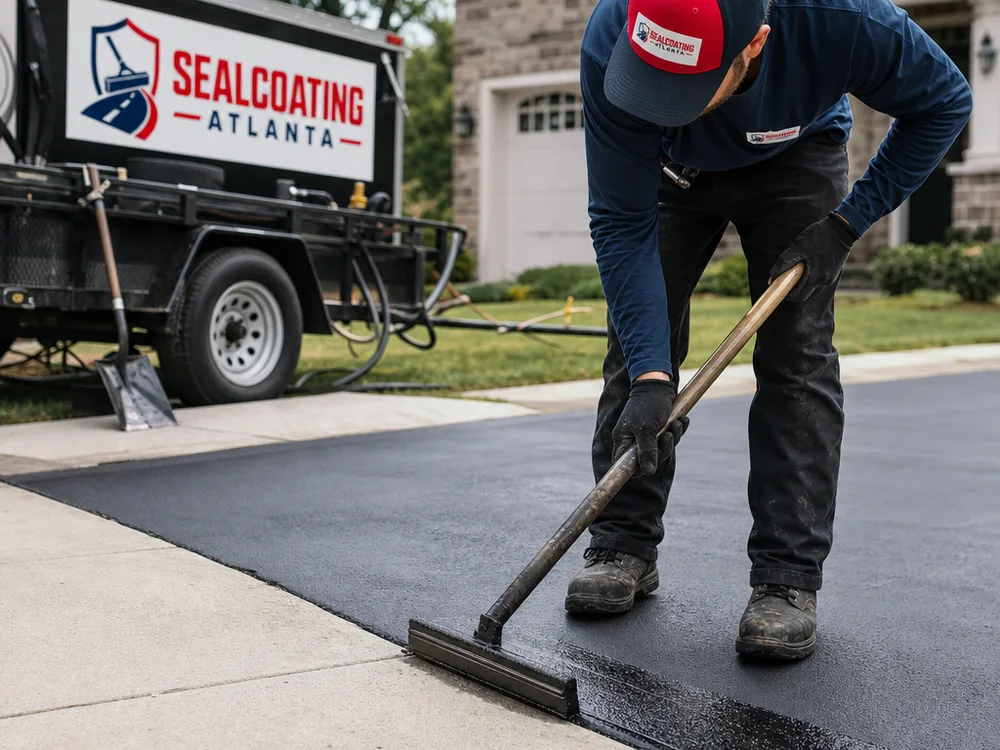Technician applying sealer with a squeegee along a residential asphalt driveway beside a concrete sidewalk with careful cut-in work and no overspray