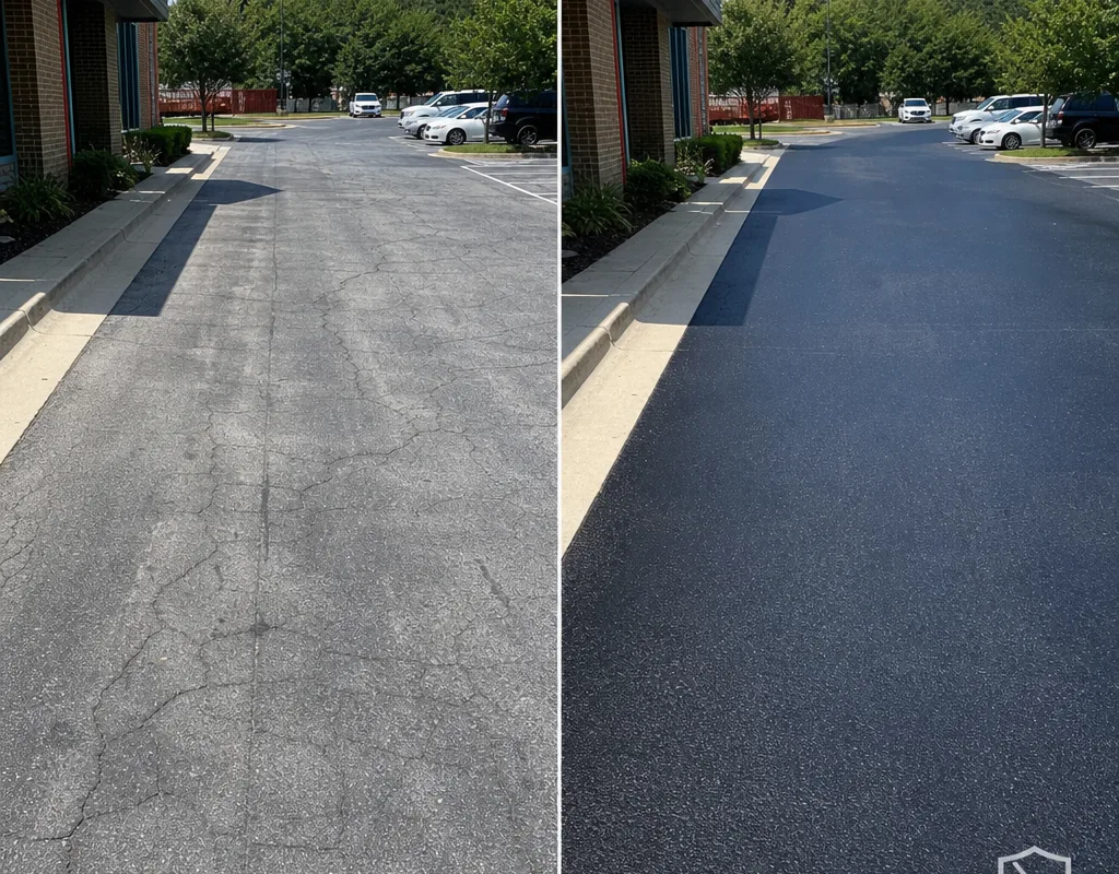 Faded gray asphalt parking lot before sealcoating and the same lot after a uniform dark finish