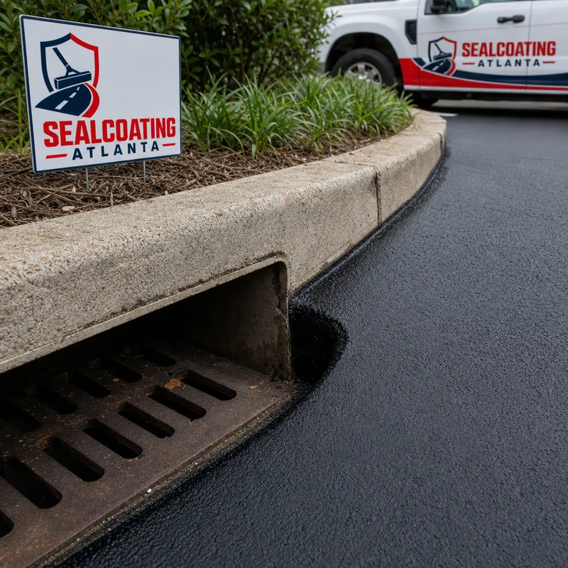 Clean sealcoat edge at a concrete curb and drain inlet with careful cut-in work