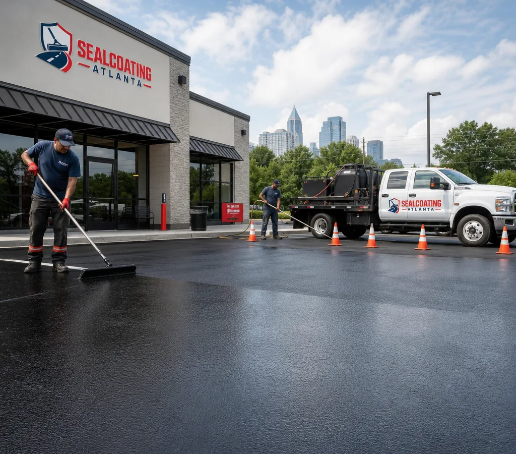 Freshly sealcoated commercial parking lot in Atlanta with crisp edges and a crew applying sealer near a storefront