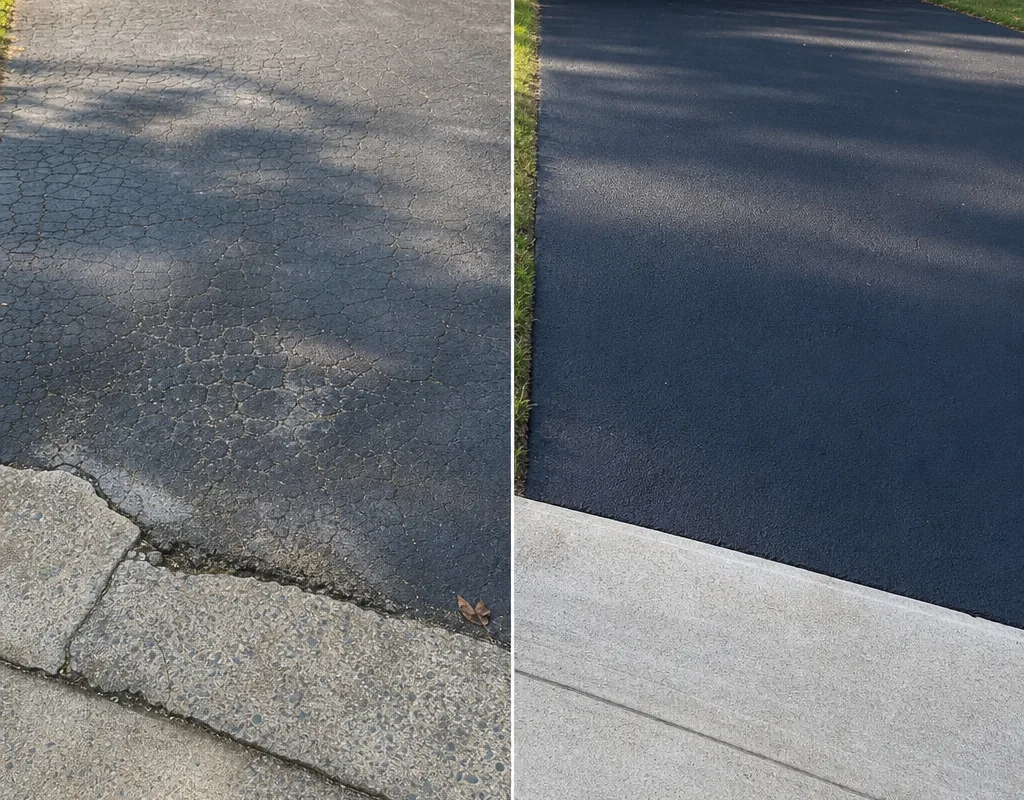 Before and after of alligator cracking near a driveway apron repaired with a saw-cut patch and smooth transition