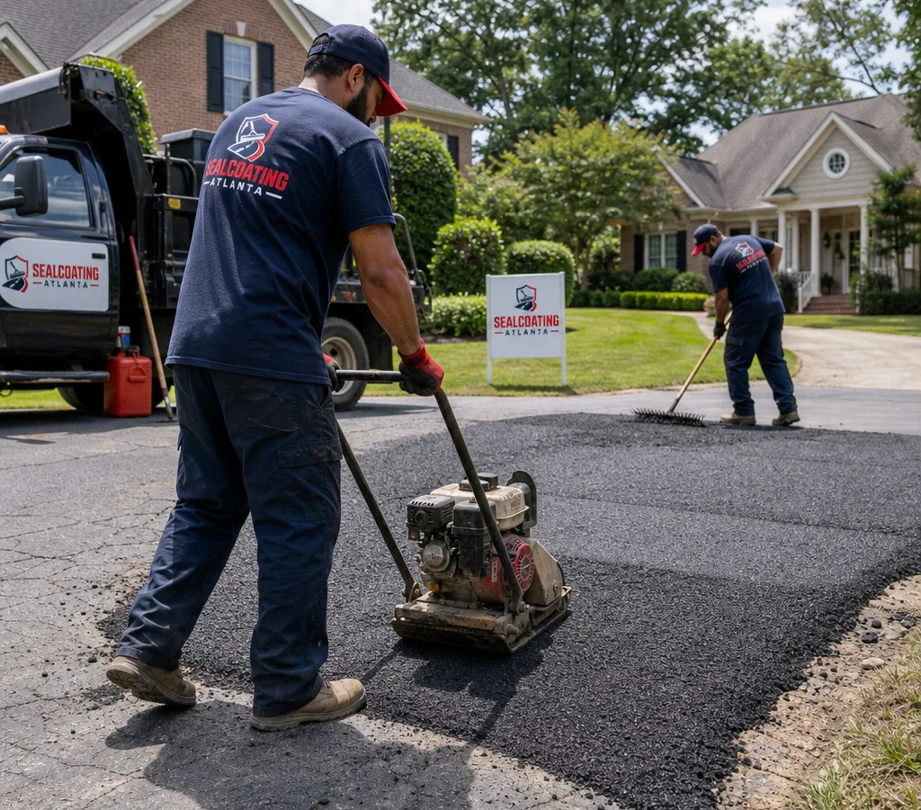 Crew repairing an asphalt residential driveway in Atlanta with a saw-cut patch, hot mix, and vibratory plate compactor