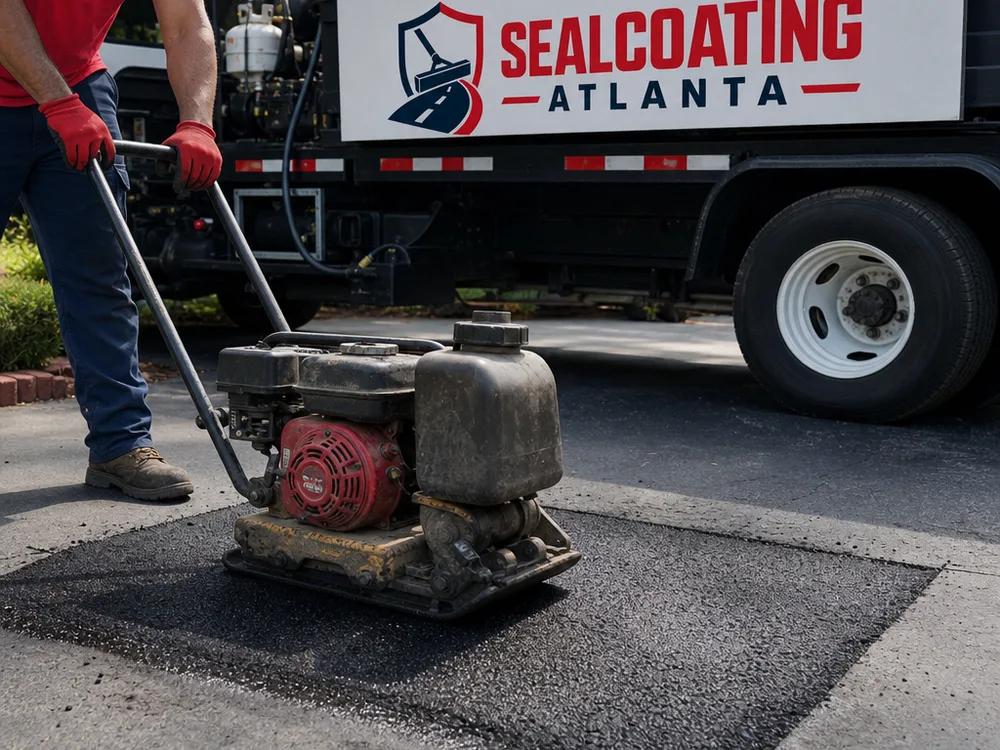 Squared asphalt driveway patch with clean saw-cut edges, tack coat, hot mix, tools, and plate compactor